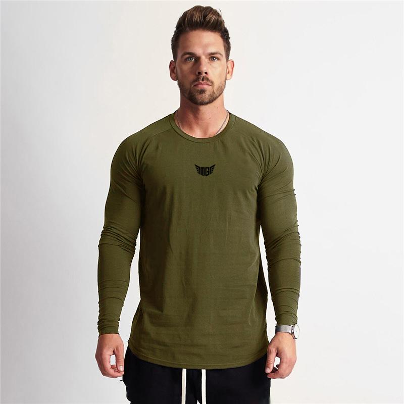 Muscleguys Брендовая футболка мужская весенняя хлопковая футболка мужская однотонная спортивная футболка с круглым вырезом топы с длинными рукавами мужские облегающие футболки