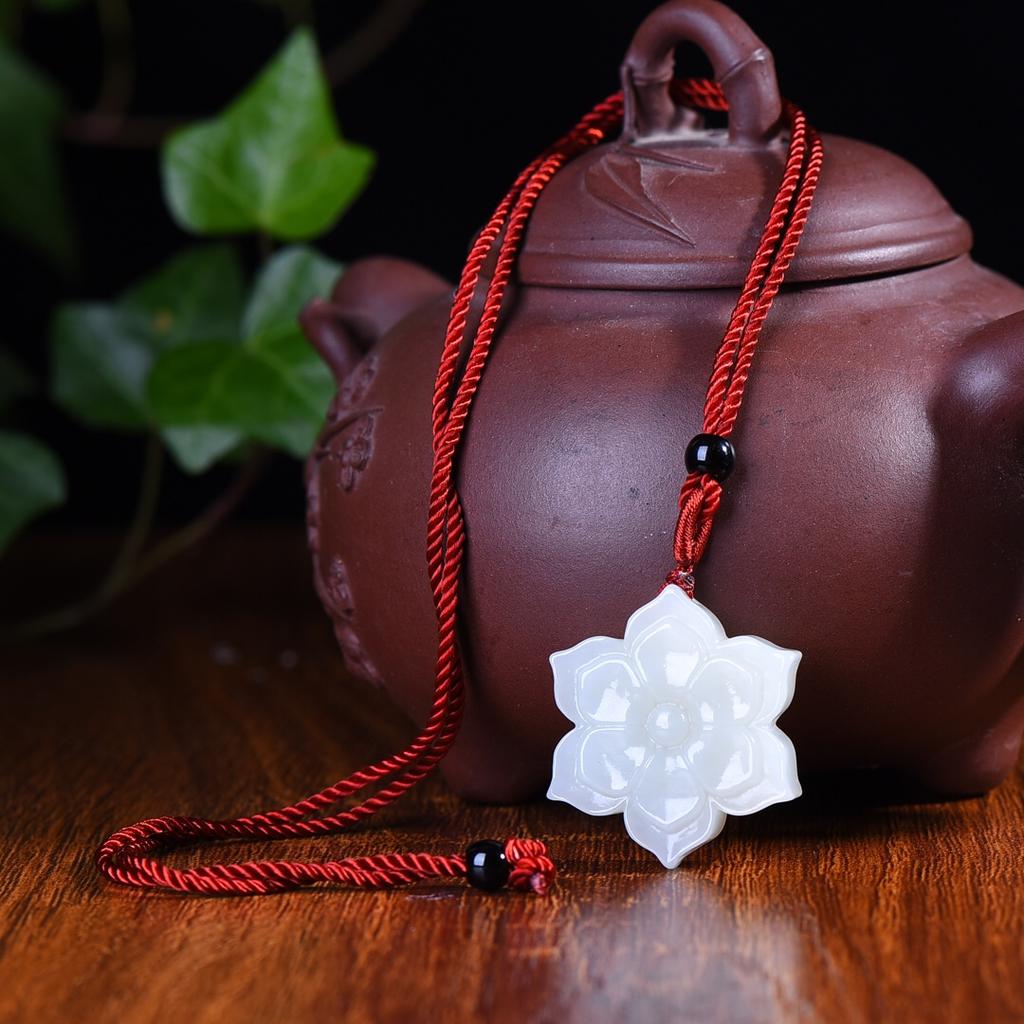 Natural Hotan Jade Auspicious Flower Pendant Women's Necklace Birthday Gift for Girlfriend and Wife with Certificate