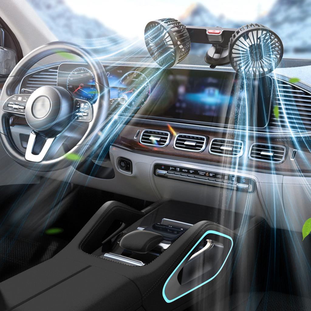 Автомобильный вентилятор с двумя головками, вращение на 360°, 3 регулируемые скорости, вентилятор для охлаждения на присоске для транспортных средств, офиса, крепится на приборную панель, USB-вентилятор