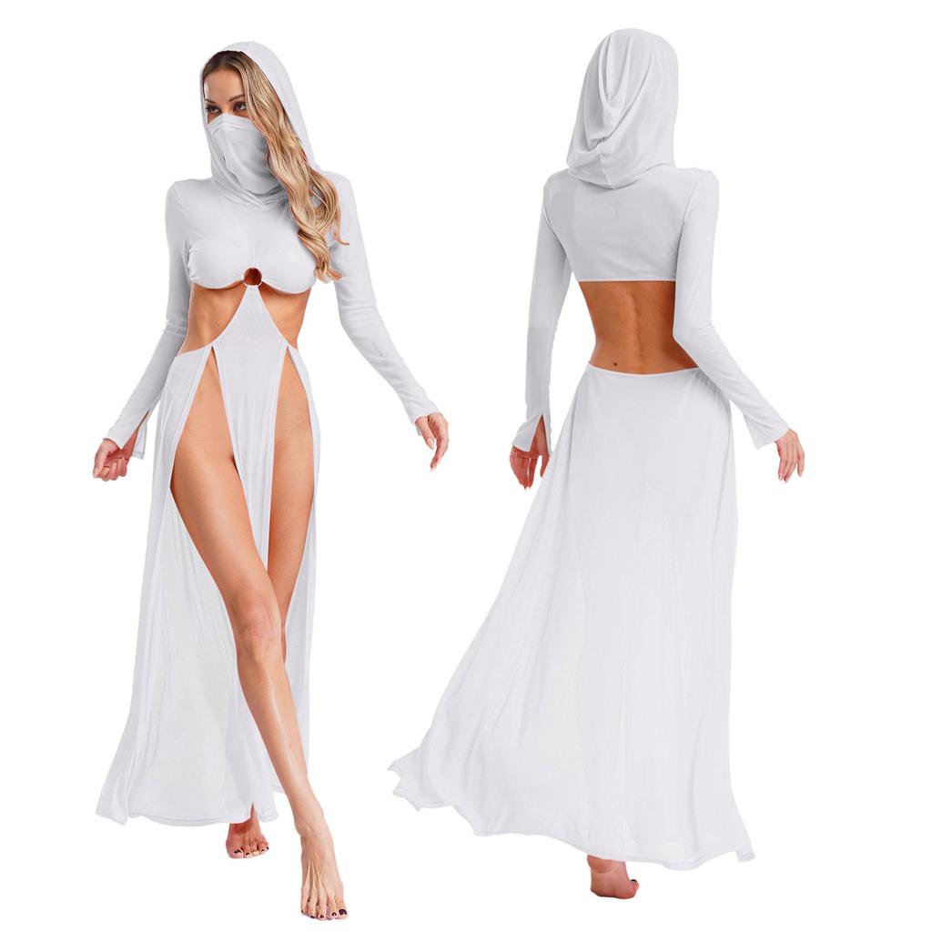 Fashion Women Sheer Dress Maxi Hollow Out Mesh Coverup with Long Sleeves Hooded Mask and High Slit, Sexy Party Club Wear