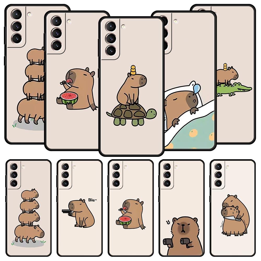 Phone Case For Samsung Galaxy S24 S23 Ultra S22 S21 S20 FE 5G S10 S10E S9 Plus S8 Soft Silicone Black Cover Cute Capybara