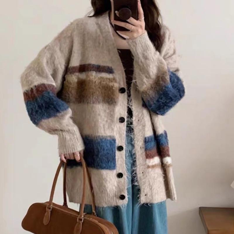 Полосатый вязаный свободный кардиган женский Harajuku Chic винтажные свитера универсальная осенне-зимняя трикотажная одежда с V-образным вырезом в корейском стиле