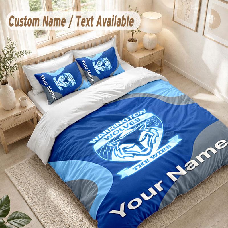 Постельное белье с индивидуальным именем, 3 предмета, принт Warrington Wolves FC, пододеяльник + 2 наволочки, мягкий декор для кровати