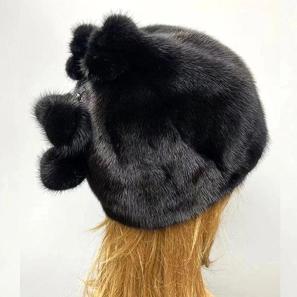 Зимние шапки для женщин из натурального меха норки, регулируемые рождественские роскошные теплые шапки