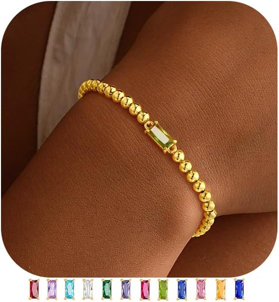 Dainty Birthstone Bracelet - Elastic 18K Gold Plated Stainless Steel Bead Bracelets Friendship Birthday Jewelry Gifts for Women