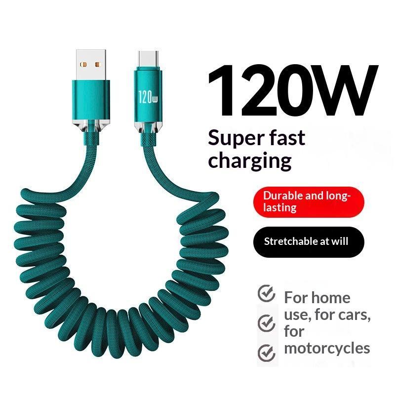 120 Вт Автомобильный Type C на USB C Быстрая Зарядка для Телефона USB A на Type C Пружинный Телескопический Кабель для Автомобильного Путешествия Офисного Использования