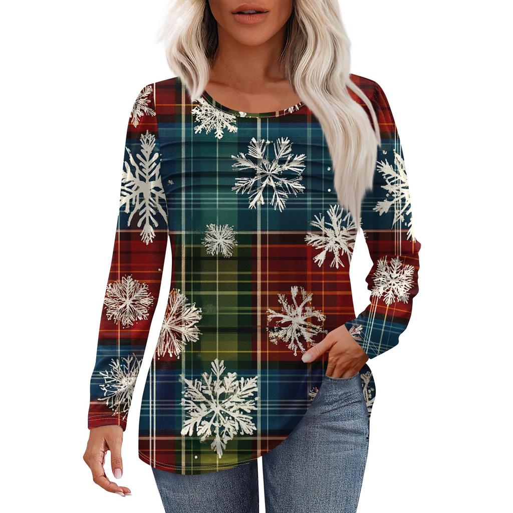 Women's Fashion Casual Christmas Printed Round Neck Pleated Long Sleeve T-Shirt Top