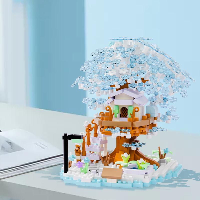 Романтичный четырехцветный домик на дереве с цветущей сакурой, строительные блоки, развивающие игрушки для сборки, подарок, внутренние украшения на День святого Валентина