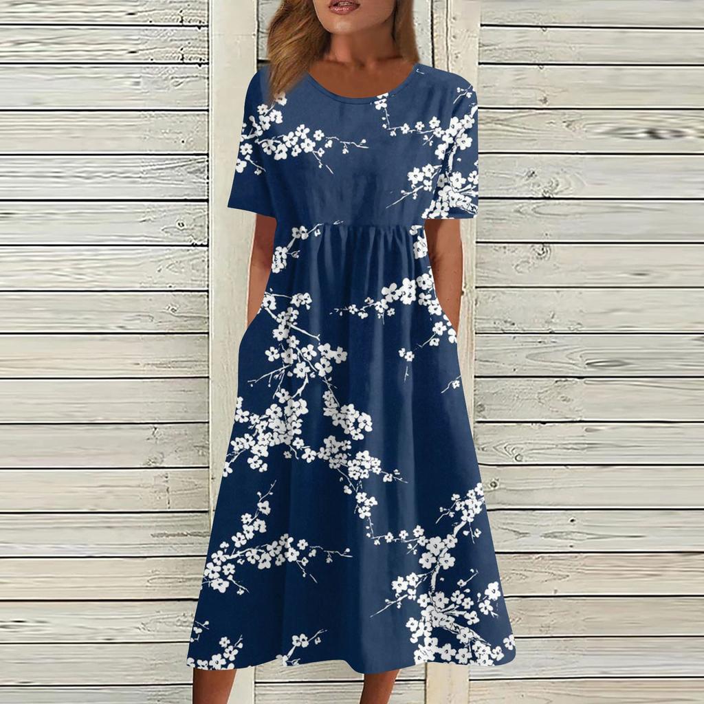 Жен. Повседневные платья Платья с принтами Летние платья С принтами Плиссированные платья-миди с круглым вырезом Классический Классический На открытом воздухе Повседневные С короткими рукавами Свободные платья