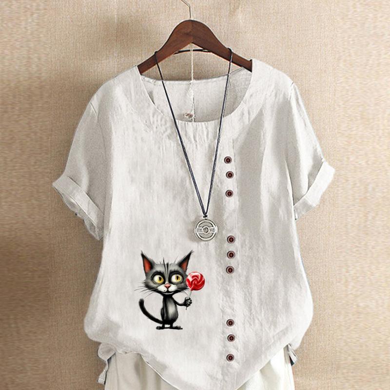 Women's Fashion Cute Cat Prined Short Sleeve T-shirt Loose Cotton Shirt Casual Loose Summer Blouse Tops Plus Size