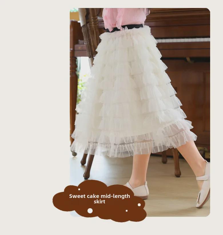 Girls' Korean Style Fairy Mesh Midi Skirt - Sweet White Tutu for Children