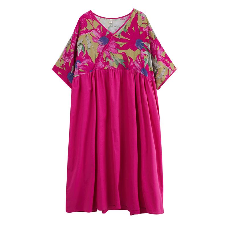 DIMANAF 2025 Летнее женское базовое платье большого размера Винтажный цветочный принт Повседневное свободное с V-образным вырезом Длинное платье макси