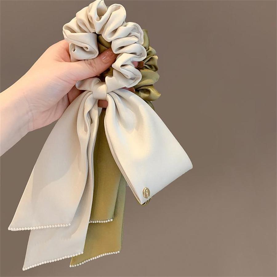 New Fashion High Quality Satin Long Ribbon Wrinkled Hair Ring for Women Girls Bow Ponytail Elastic Hair Band Headdress