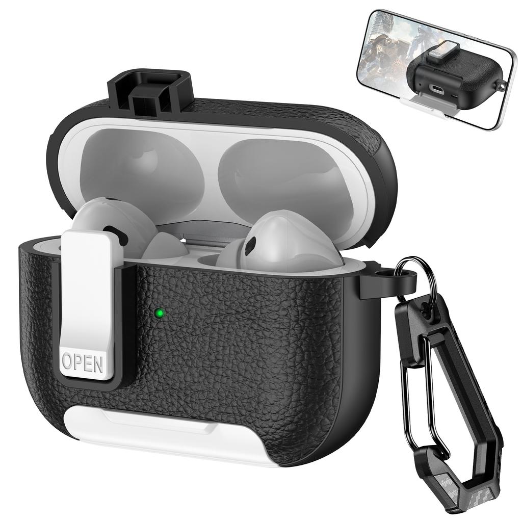 For Apple AirPods Pro Protective Case with Stand Litchi Texture Leather TPU + PC Earphone Cover with Lock Buckle and Carabiner