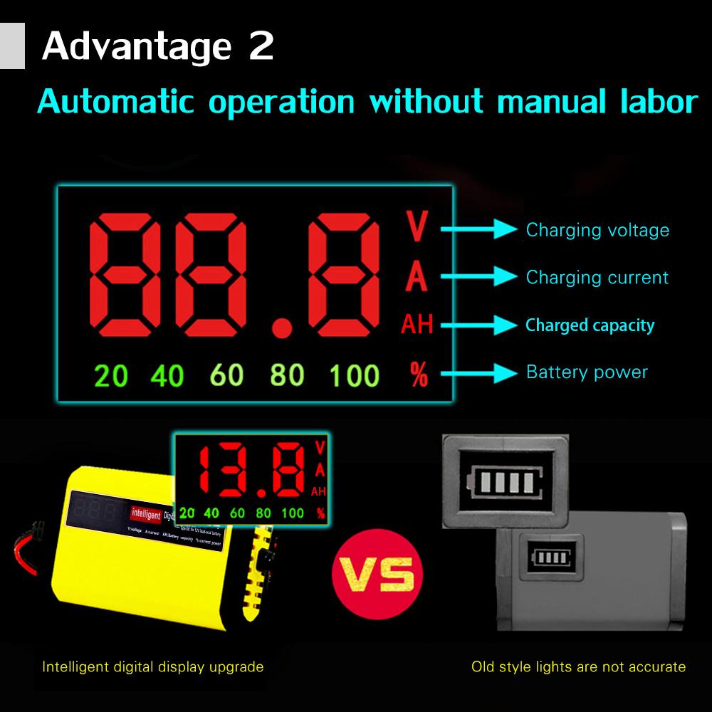 12V 2A Car Motorcycle Battery Charger Full Automatic 3 Stages Lead Acid AGM GEL Intelligent LCD