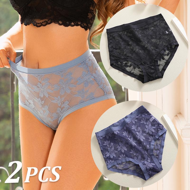 FINETOO 2Pcs Sexy Floral Lace Panties High Waist Lace Briefs Hollow Out See-Through Romantic Lingerie Fashionable Underpants Underwear