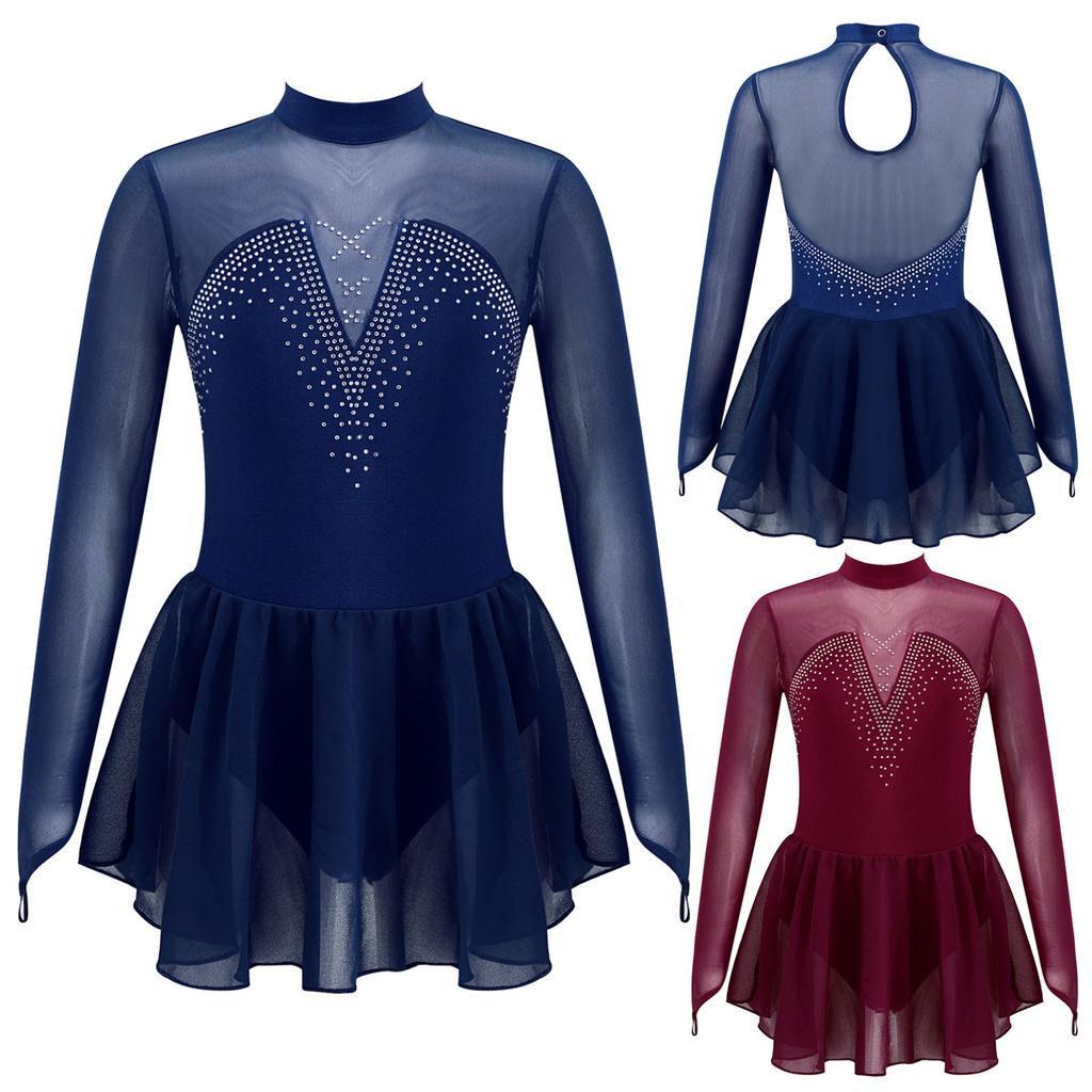 Kids Girls Sparkle Mesh Splice Figure Ice Skating Dress Gymnastic Dance Leotard Tutu Skirt Performance Dancewear