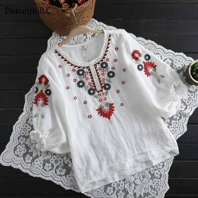 Blusas Femininas, летняя женская блузка, рубашка Mori Girl, милая цветочная вышивка, с рукавами-фонариками, хлопковая льняная блузка, топы женские