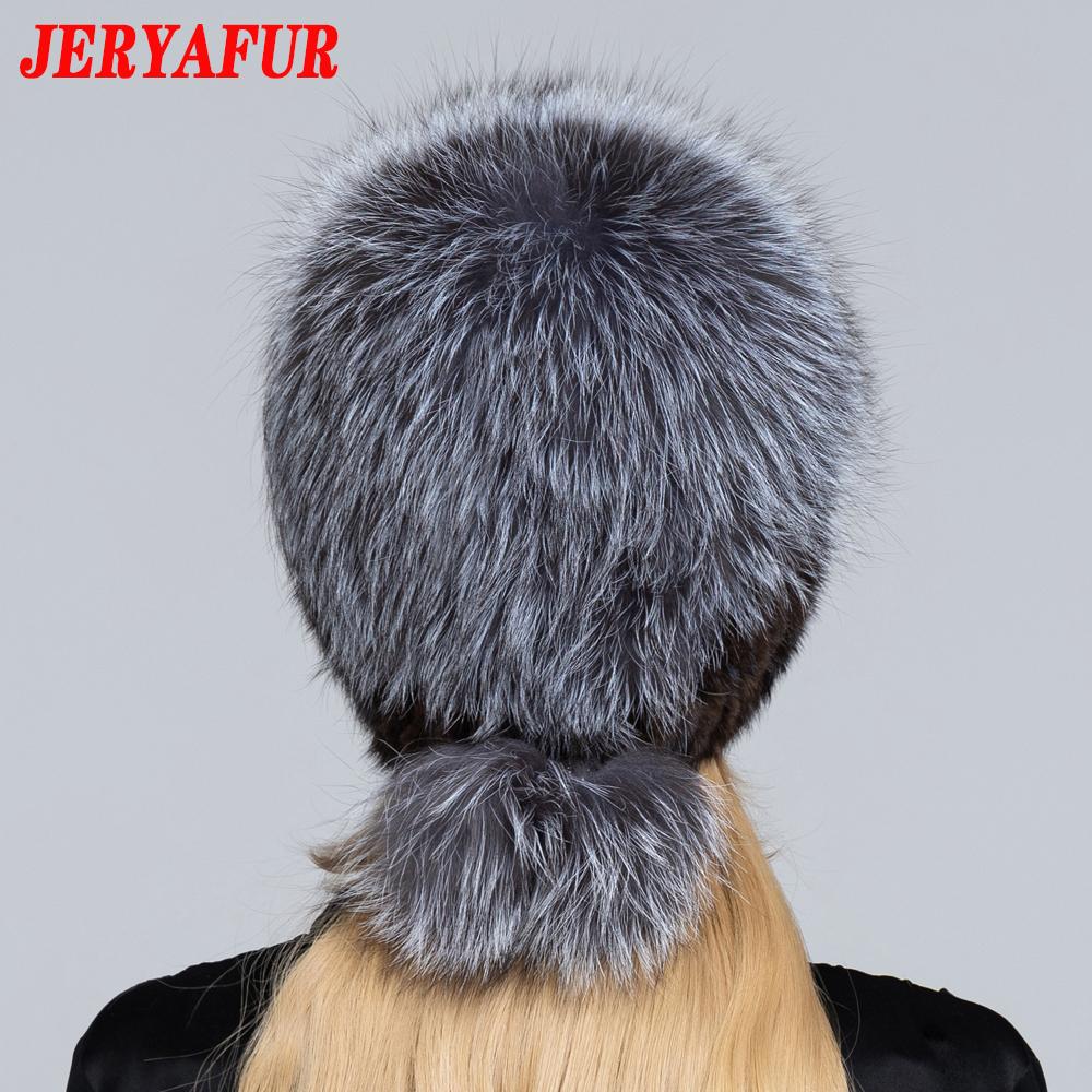 JERYAFUR Женская зимняя меховая шапка из натурального меха, вязаная меховая шапка с помпоном из норки и лисы с шариками, стильная теплая модная шапка для девочек, шапка