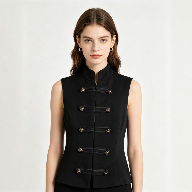Womens Vintage Stand Collar Sleeveless Vest Slim Fit Crop Top Streetwear Black