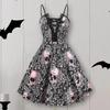Женское платье на бретельках на Хэллоуин с открытой спиной спереди на шнуровке и кружевной строчкой, свободный подол, забавное мини-платье с цветочным принтом и черепом