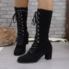 Winter Shoes for Female Front Lace-up Women's Mid-Calf Boots Square Heel High Heel Women's Shoes Cross-tied Ladies Boots