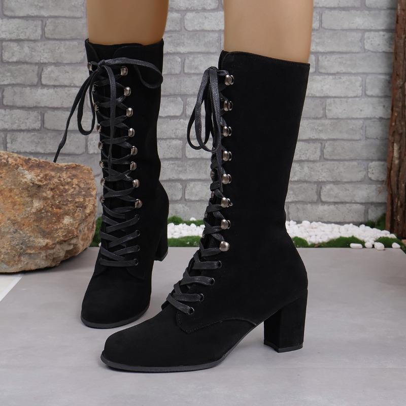 Winter Shoes for Female Front Lace-up Women's Mid-Calf Boots Square Heel High Heel Women's Shoes Cross-tied Ladies Boots