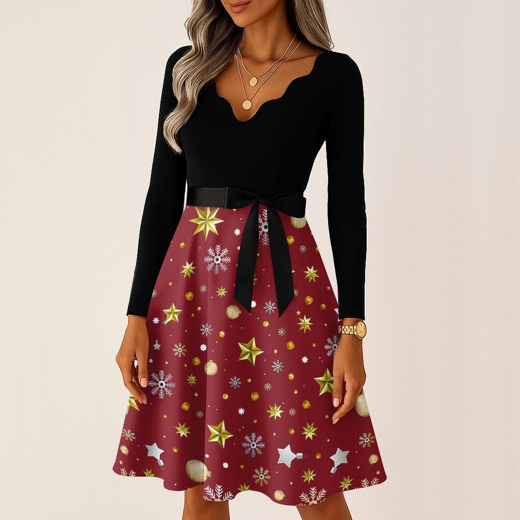 Женские повседневные модные длинные платья с рождественским графическим принтом и длинными рукавами в винтажном стиле