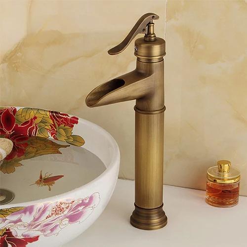 Смесители для раковины, античный латунный водопад, смеситель для раковины в ванной, однорычажный смеситель для раковины, водопроводный кран, краны для туалета