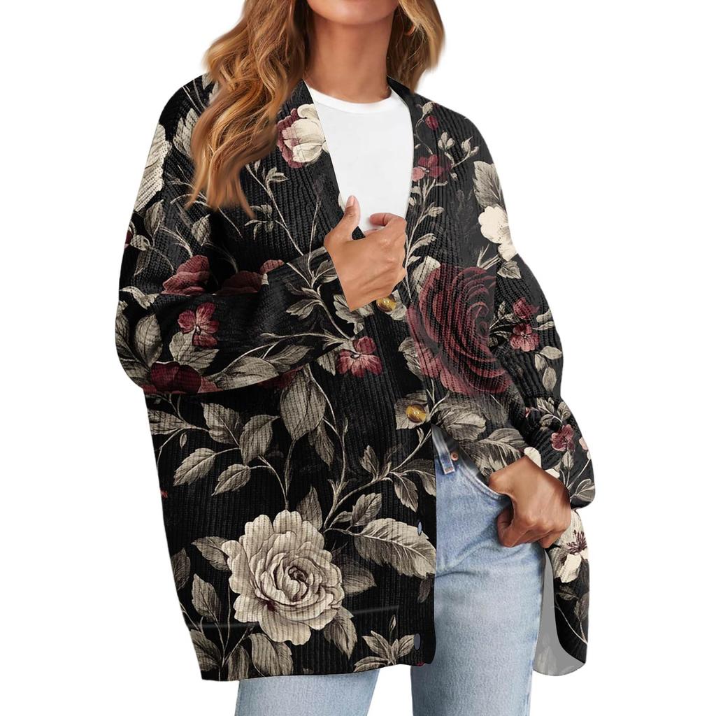 Женский модный кардиган с длинным рукавом, принтом, V-образным вырезом, на пуговицах, свободного кроя