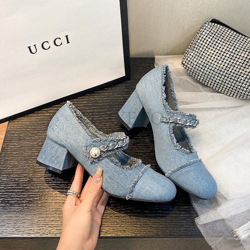 Women's Vintage Chunky High Heels Woman Sandals Back Strap Denim Heels Summer Shoes Designer High Heel Shoes For Women