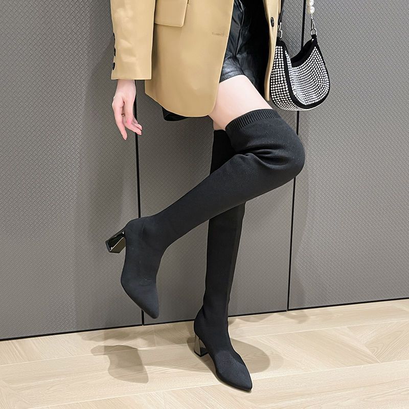 Модные женские ботфорты с острым носком, новые эластичные ботинки на осень и зиму 2025, женские ботинки на толстом каблуке, из летящей ткани, на высоком каблуке