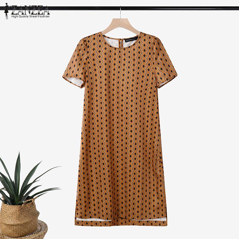 ZANZEA Женское повседневное платье с круглым вырезом и коротким рукавом в стиле ретро с принтом