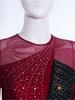 Women Shiny Rhinestones Patchwork Sheer Long Sleeve Color Block Gymnastics Leotard Bodysuit