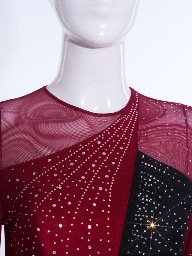 Women Shiny Rhinestones Patchwork Sheer Long Sleeve Color Block Gymnastics Leotard Bodysuit