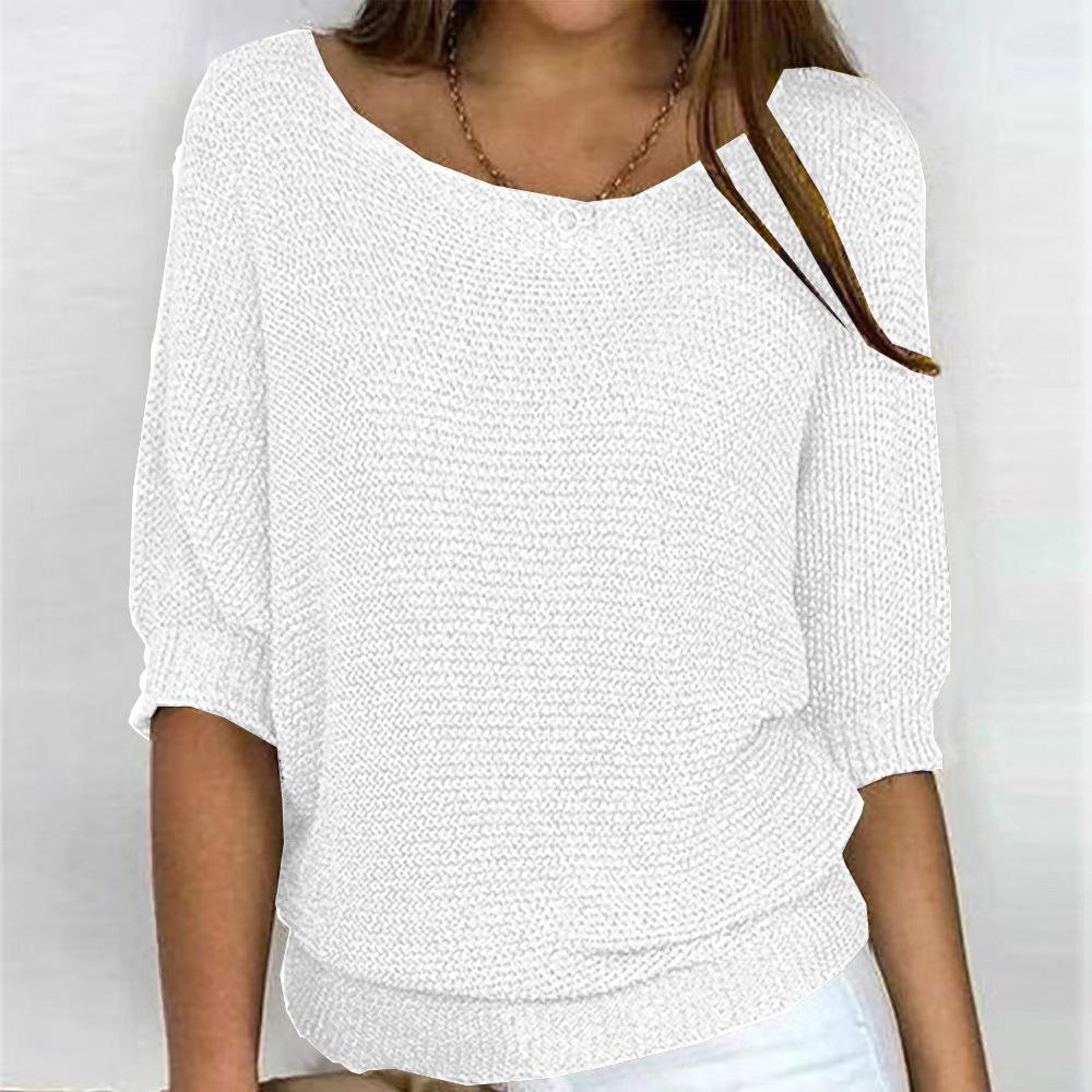 Spring and Autumn Women's Knitwear Solid Color Round Neck Knit Sweater Commuter Elegant Seven Sleeve Top
