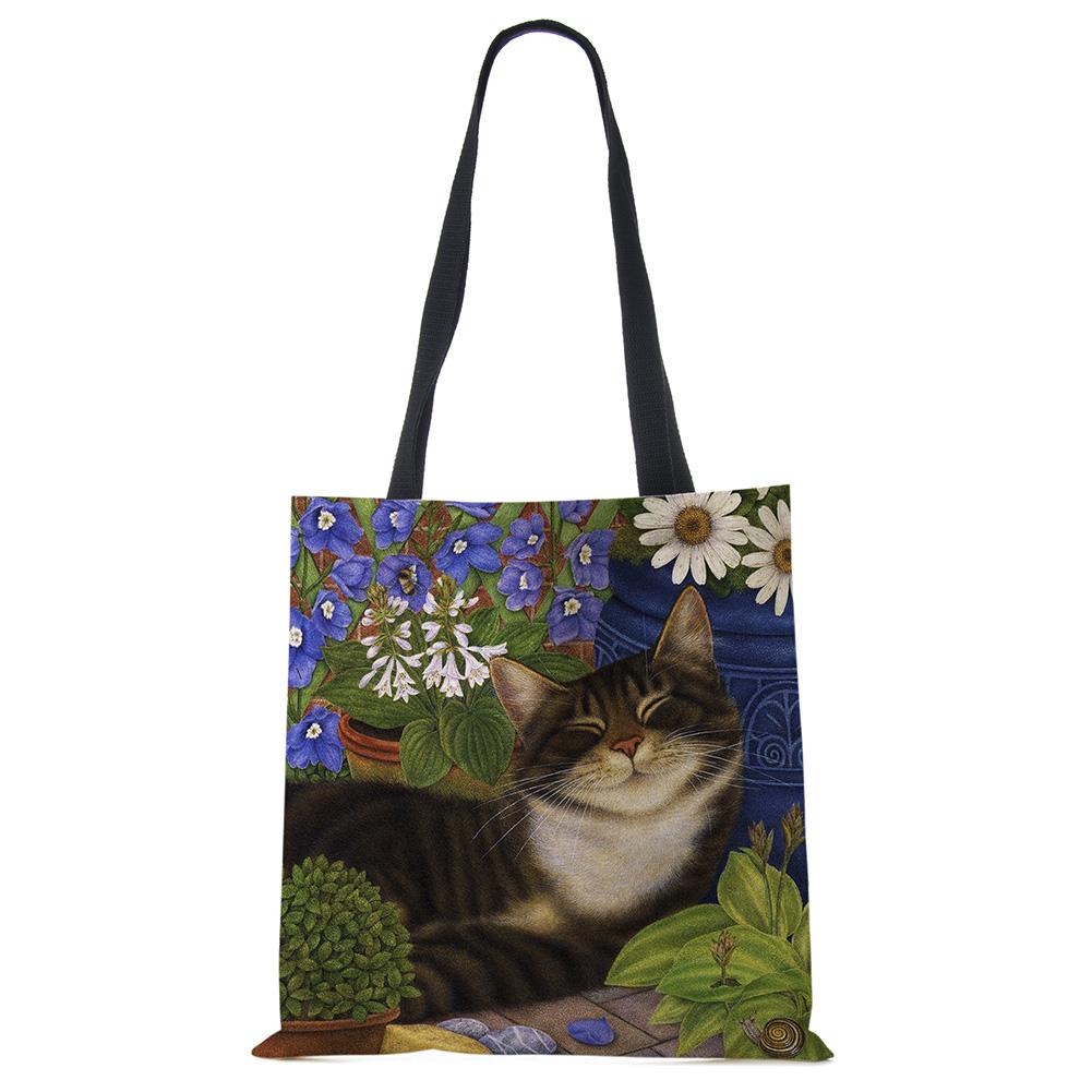 Cute Cat Flower Painting Print Womens Designer Tote Bags Women Handbag Large Shopping Bag Foldable For Groceries CLE