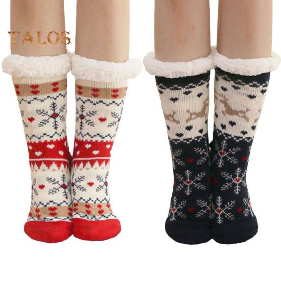1 Pair Winter Floor Socks Thickened Fuzzy Plush Warmth Retention Christmas Elk Snowflake Print Leg Warmer Silicone Bottom Fall Winter Floor Socks