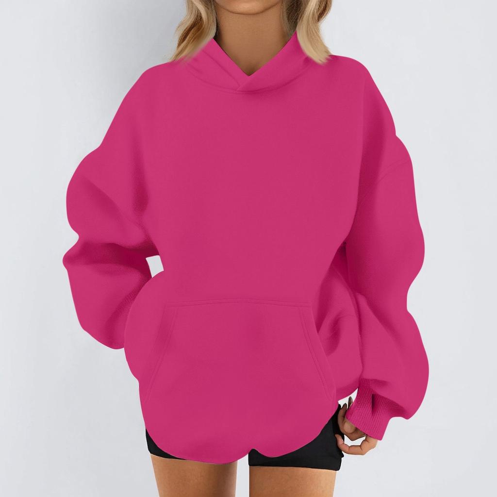 Women's Fashion Casual Long Sleeve Solid Color Hooded Sweatshirt Tops