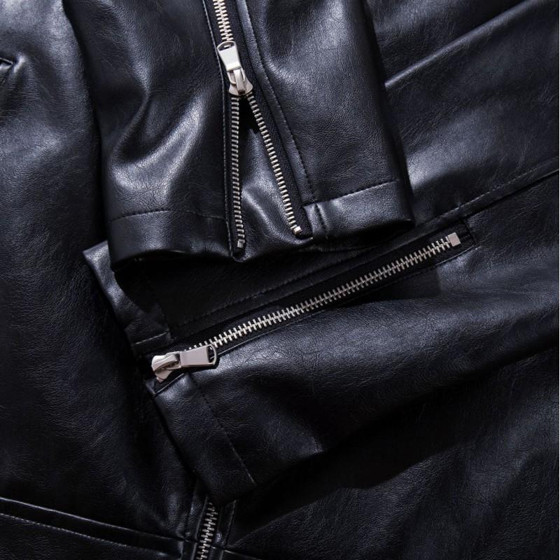 Unisex Retro Deconstructed PU Leather Jacket Loose Fit Stand Collar Casual Outerwear