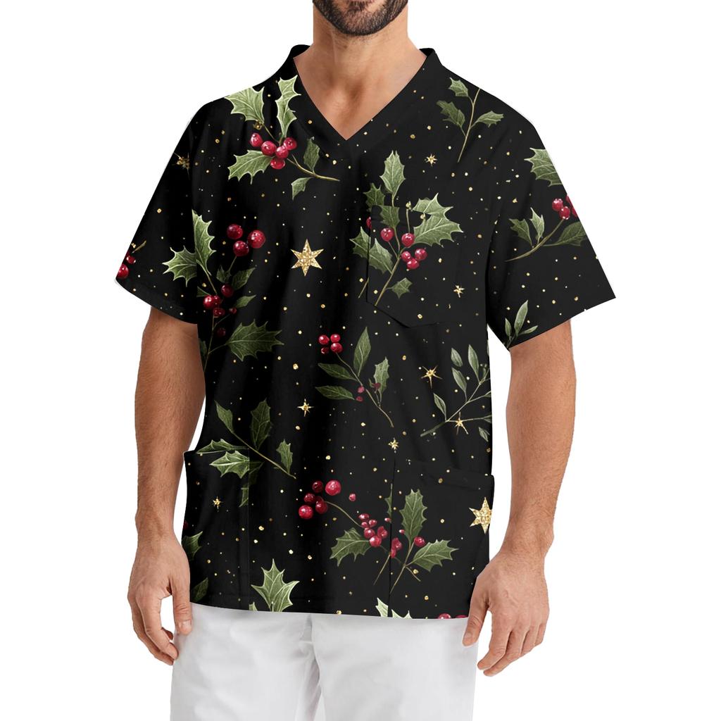 Мужская рабочая блузка с короткими рукавами и v-образным вырезом с принтом, топ с нагрудным карманом