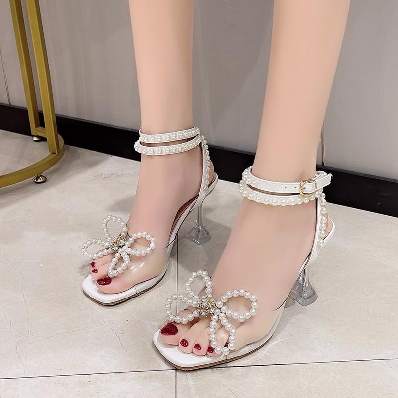 2024 Летние белые свадебные туфли с бантом на высоком каблуке с квадратным носком и открытым носком на тонком каблуке для вечеринок сандалии Zapatillas Mujer