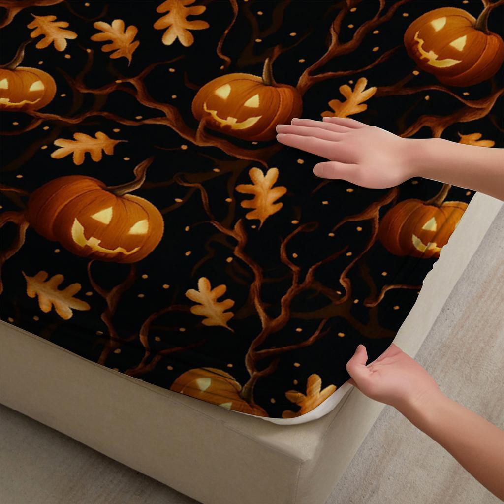 3pcs Fitted Sheet Set Evil Pumpkin Maple Leaf Print Polyester Breathable Bedding Set for Home Halloween Decor with 2 Pillowcases