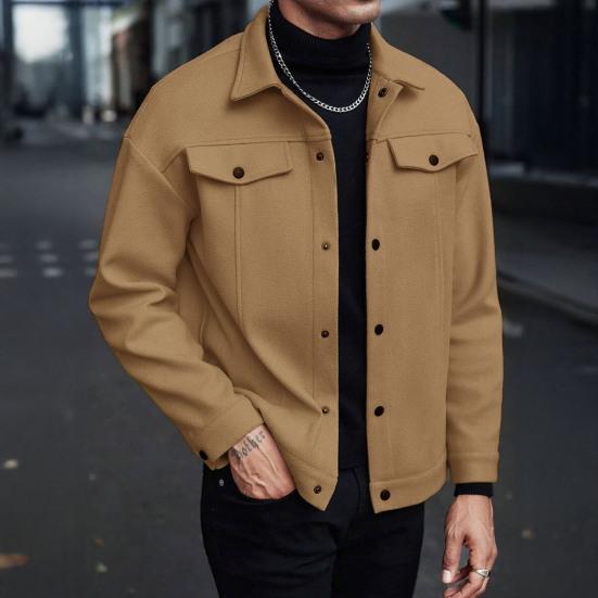 Мужская куртка шерстяная с лацканами, длинным рукавом, однотонное пальто с накладными карманами, однотонное осенне-зимнее деловое пальто