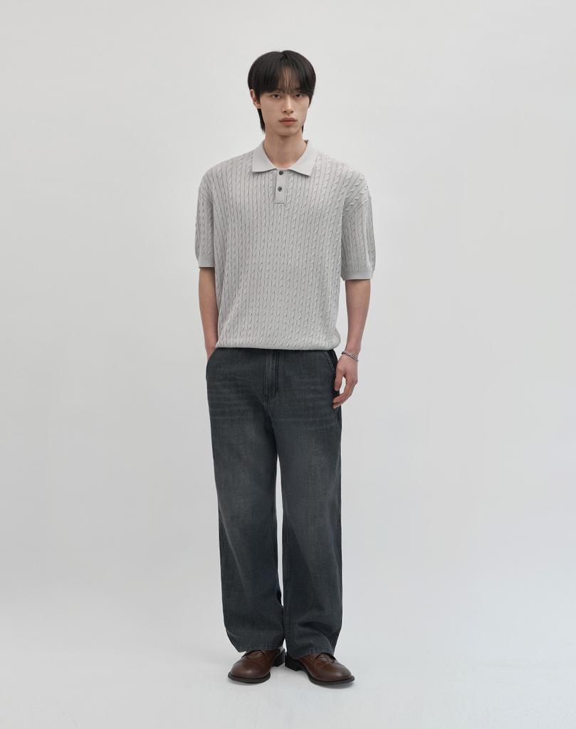 WORK ON BODY OFF Cool Bamboo Semi-Overfit Cable Collar Short Sleeve Knit [Gray]