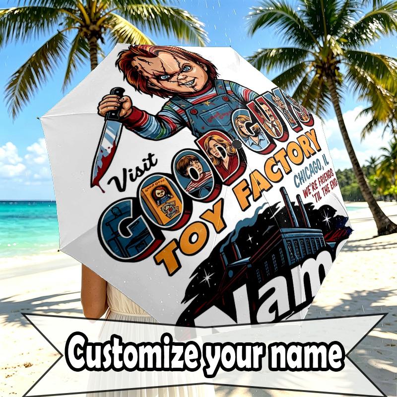 Custom Name Personalized Bride of Chucky Print Umbrella, Auto Open Close, 8‑Rib Sturdy Frame, Commute Camping Hiking Use, Birthday Gift