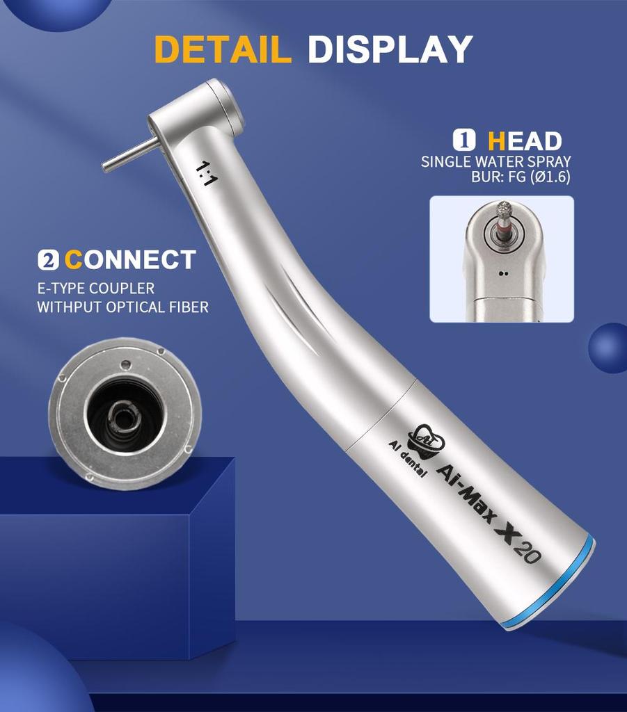 Стоматологический низкоскоростной наконечник AI-X20 1:1 одноразовый водный распылитель с прямым приводом, синее кольцо, контругол без оптики, для лечения полости рта