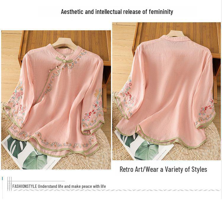 Летний женский ретро-топ из хлопка и льна с косым воротником, китайской вышивкой и короткими рукавами на пуговицах 2025 года