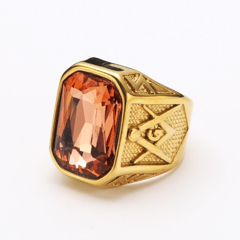 Men's Titanium Steel Ring Hip Hop Rock Red Large Gemstone Masonic Jewellery Accessories Gold Rapper Finger Ring