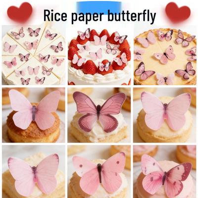 Розовые Бабочки Декорации из Рисовой Бумаги - 80 Листов для DIY Выпечки, Украшения Тортов и Десертов на День Рождения. Пищевая вафельная бумага.